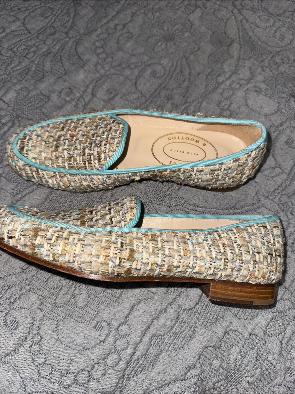 Stubbs & Wootton Tweed Tan Classic Pumps Aqua Trim 8 7.5 Leather Loafer Slipper